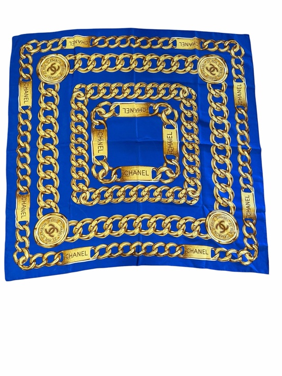 CHANEL Accessories - CHANEL Royal Blue Silk Scarf with Gold Chain Print